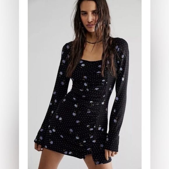 Free People  Long Sleeve Celia Mini Dress Black Polka Dot Floral Gathered Jersey - Picture 1 of 11
